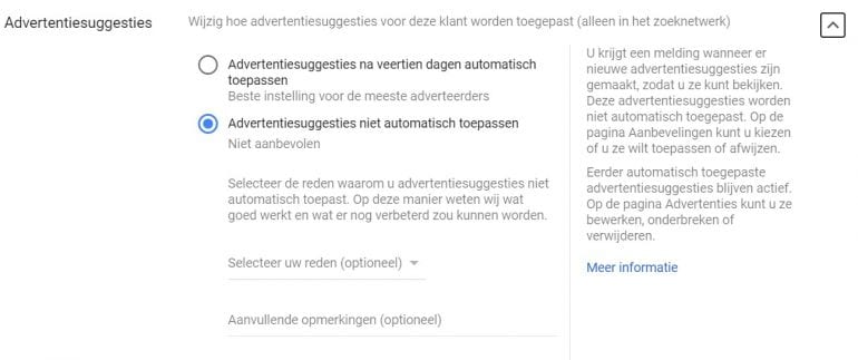 Screenshot van het schuifje voor Auto Applied Recommendations in Google.