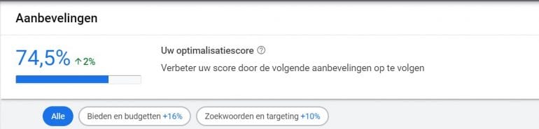 Screenshot van de optimalisatiescore in Google Ads.
