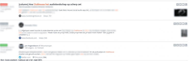 Berichten overzicht in social listening tool
