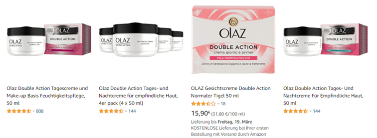 Vier verschillende producten van Olaz op Amazon