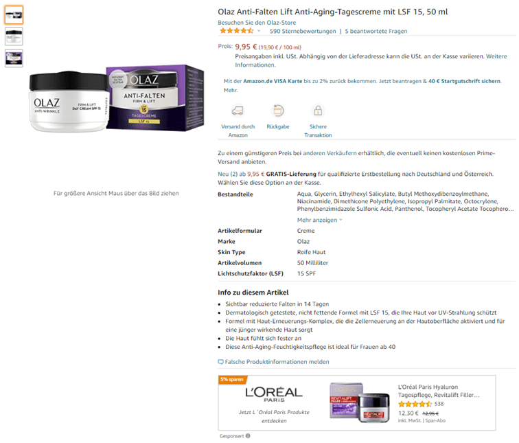 Specificaties van een Olaz anti-veroudering-crème 