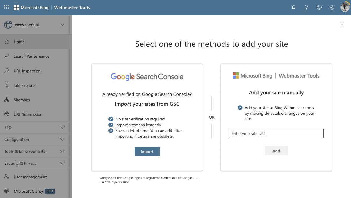 Screenshot van Bing Webmaster Tools.