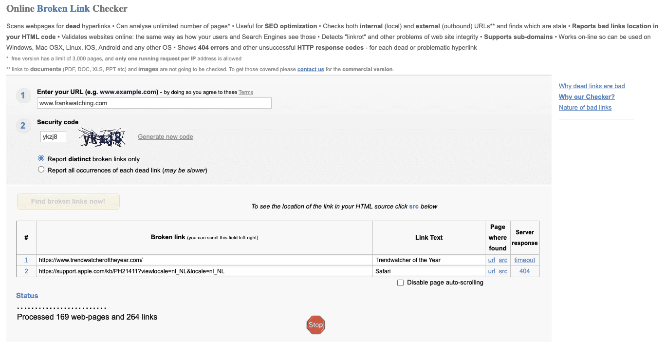 Screenshot van de tool Broken Link Checker.