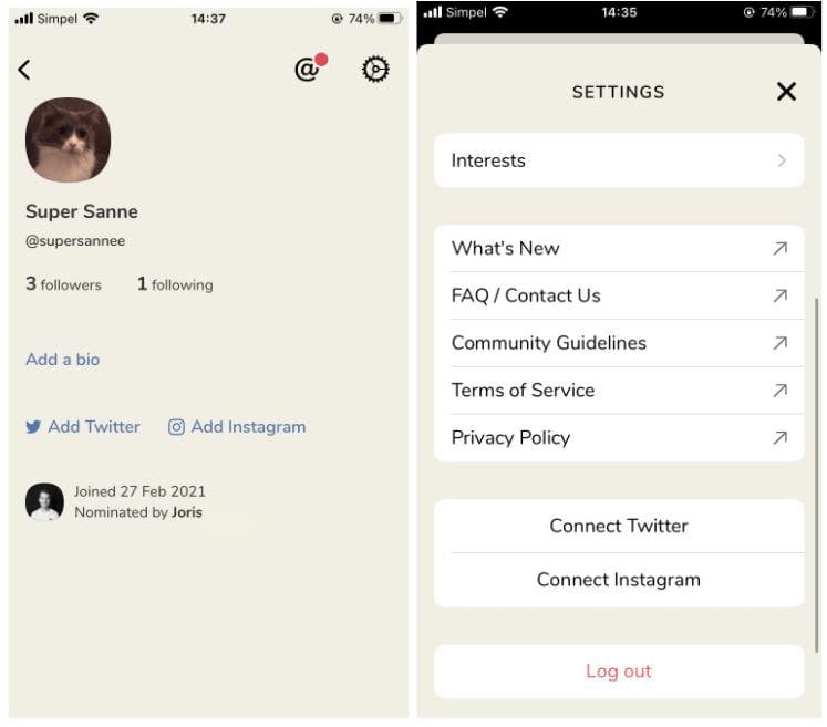 Screenshot van de account-instellingen op Clubhouse.