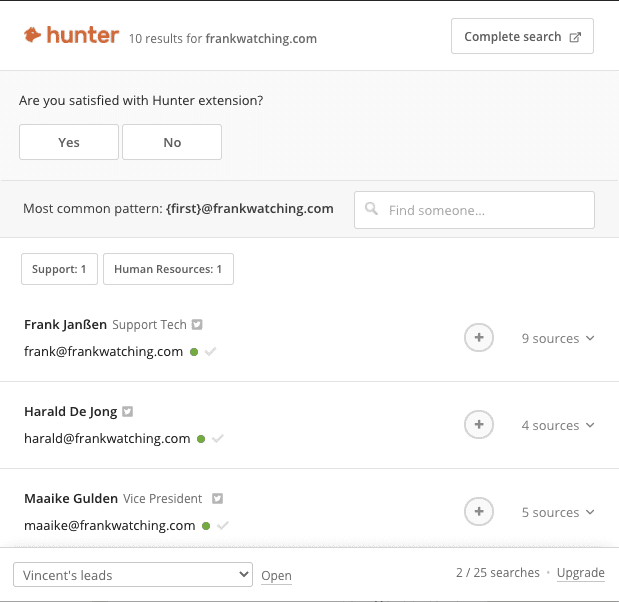 Screenshot van hunter: een van de SEO-tools.