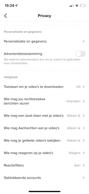 Schermafbeelding privacy-instellingen TikTok.