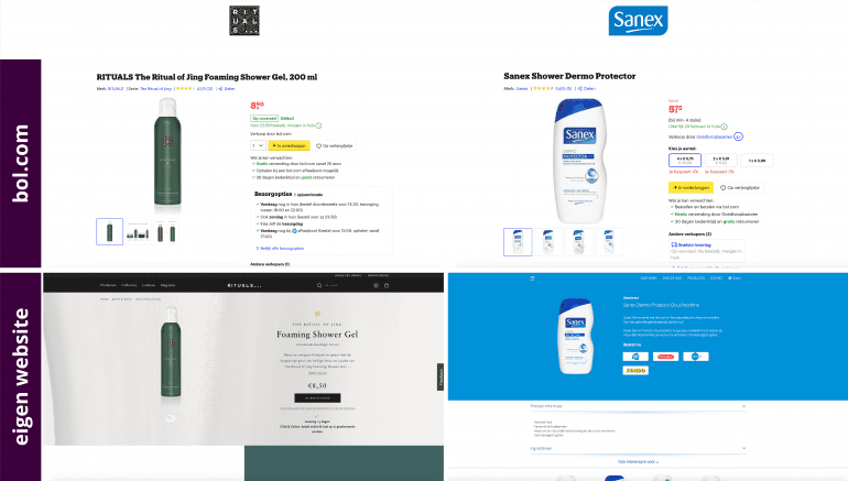 Je merk versterken met marketplaces - een productdetailpagina van twee douchegels op bol.com en hun eigen website