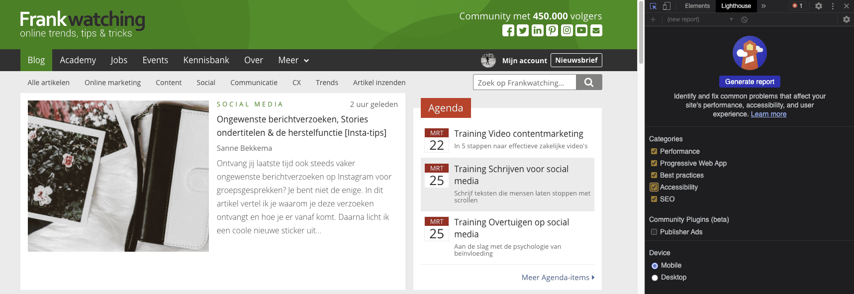 Screenshot van de SEO-tool Google Chrome’s Lighthouse.