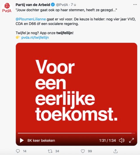 Screenshot van een Tweet van de Partij van de Arbeid.