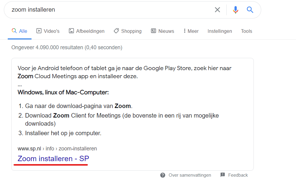 SP staat boven Zoom voor "zoom installeren"