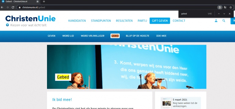 Screenshot van de website van ChristenUnie, een van de politieke partijen waar dit artikel over gaat.