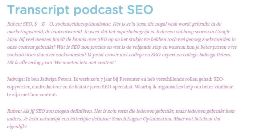 Transcript van de podcast over SEO: voorbeeld contenthergebruik.