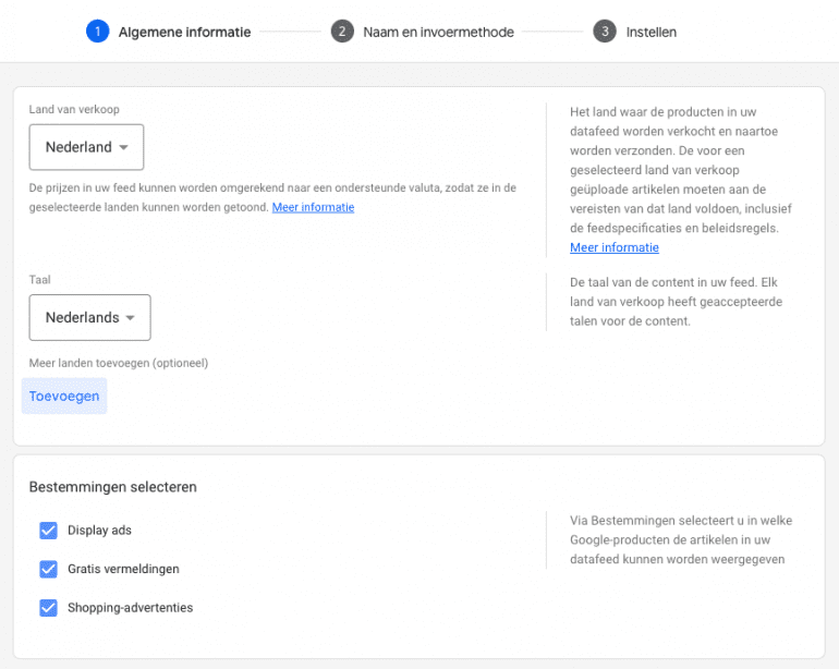 Algemene informatie invoeren in Google Merchant Center.