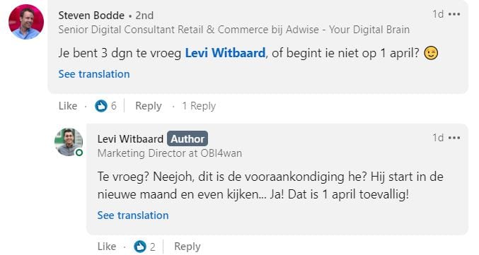 Screenshot van een reactie op een 1 april-grap.