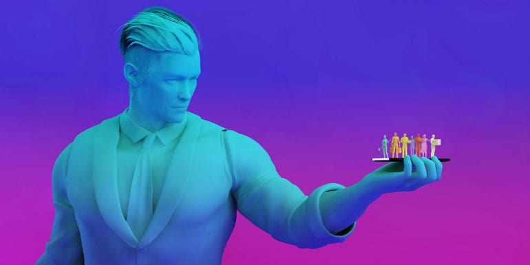 Mensen op een smartphone, die omhoog wordt gehouden door gigantische man.