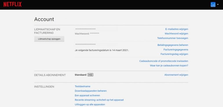Screenshot van accountpagina van Netflix, met daarop de button om je lidmaatschap op te zeggen.
