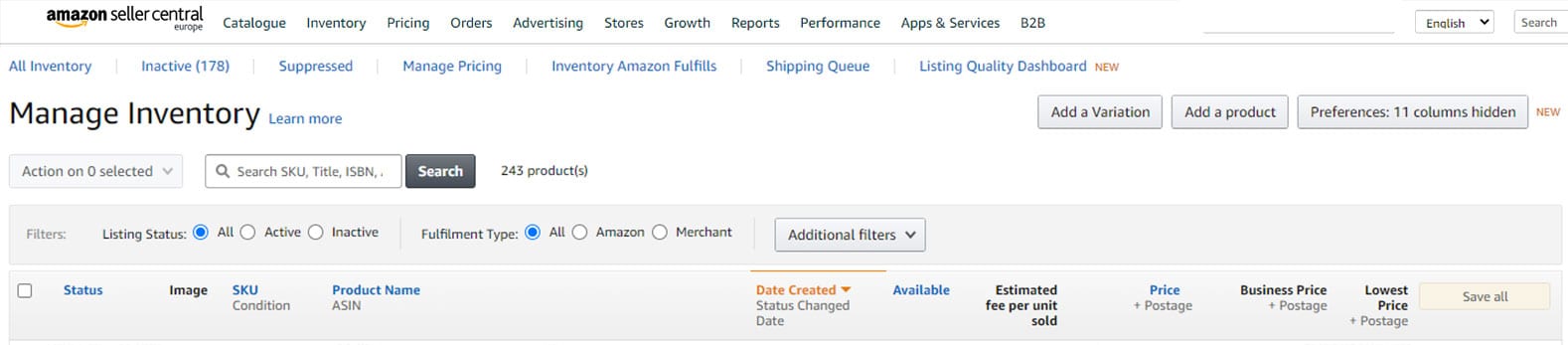 Screenshot Aamazon seller central: voorraadbeheer.