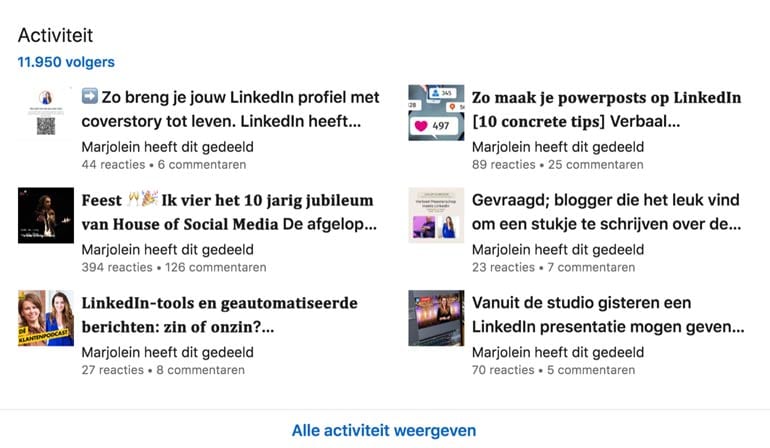 LinkedIn activiteitenoverzicht met Creatormodus.