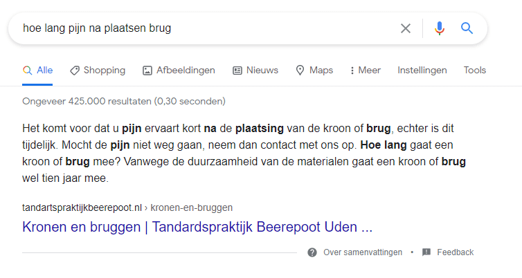 Screenshot van de CTR op zoekvraag.