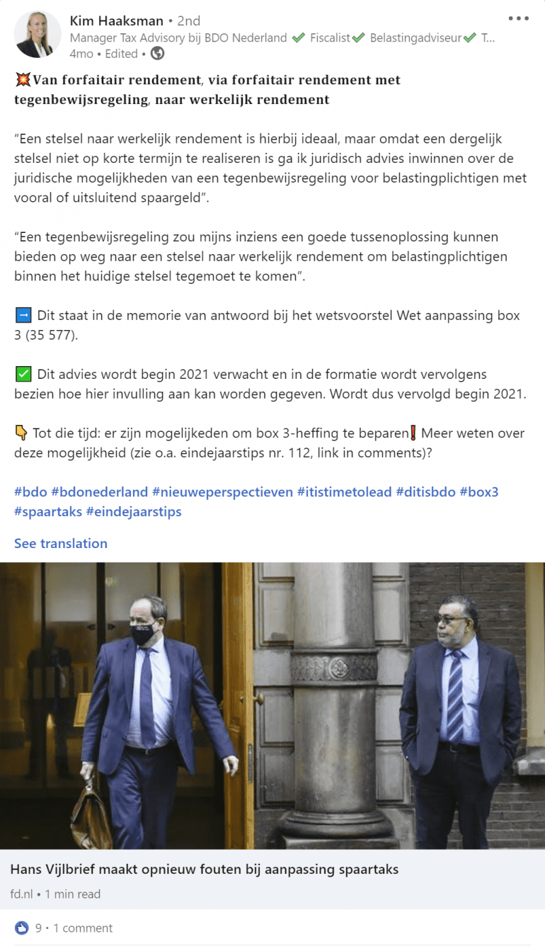 Een voorbeeld van de activiteit van een BDO'er op LinkedIn