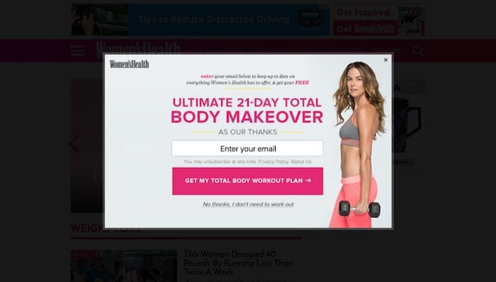 Women's Health popup confirmshaming.