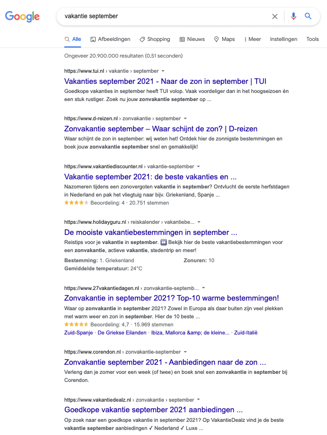 zoekterm vakantie september, SERP.