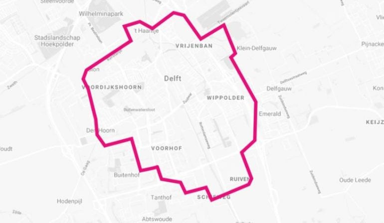 Kaart van waar Flink in Delft bezorgt.