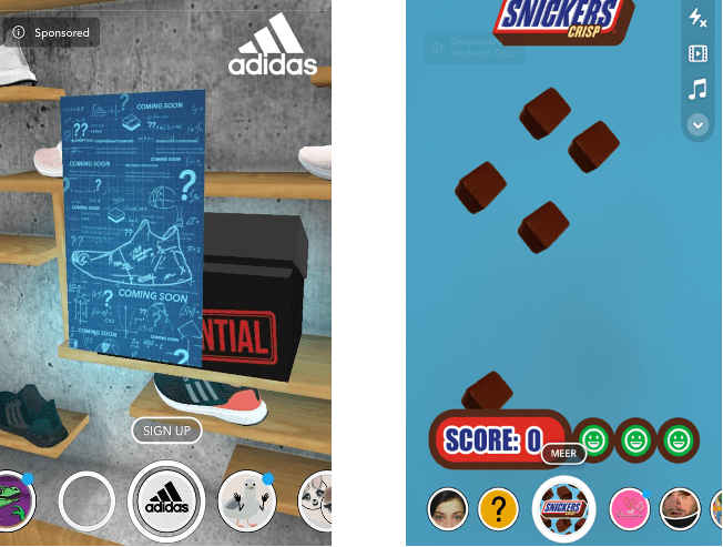 Twee snapchat lenzen naast elkaar afgebeeld. Rechts een gesponsorde lens van adidas waarop schoenen te zien zijn. Links een gesponsorde lens door Snickers waarin een mini-game gespeeld kan worden, waarbij geklikt moet worden op vallende snickers.