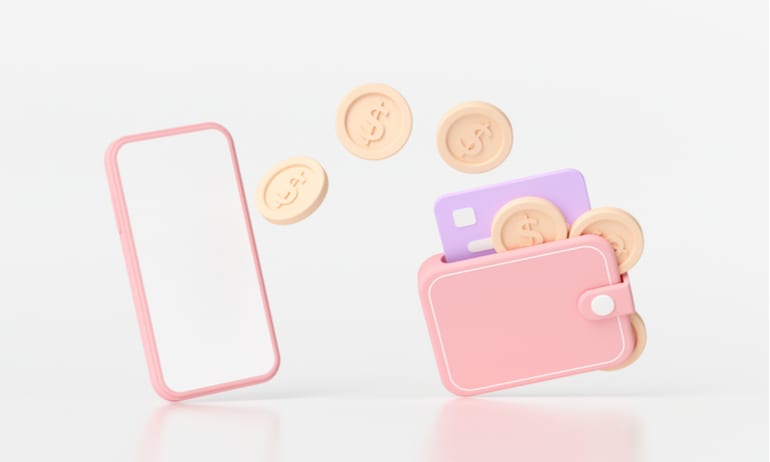 Geld op mobiel en in portemonnee. 