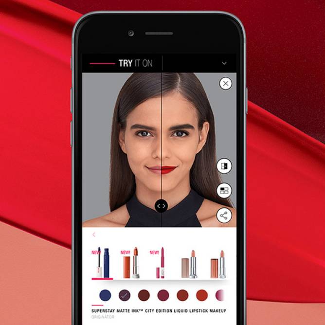 De maybelline try on app waar een model op te zien is die voor de helft met AR is opgemaakt en voor de helft niet.