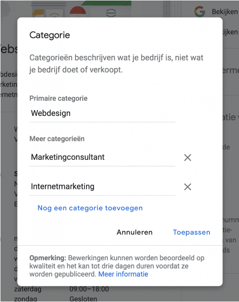 Categorieën Google Mijn Bedrijf
