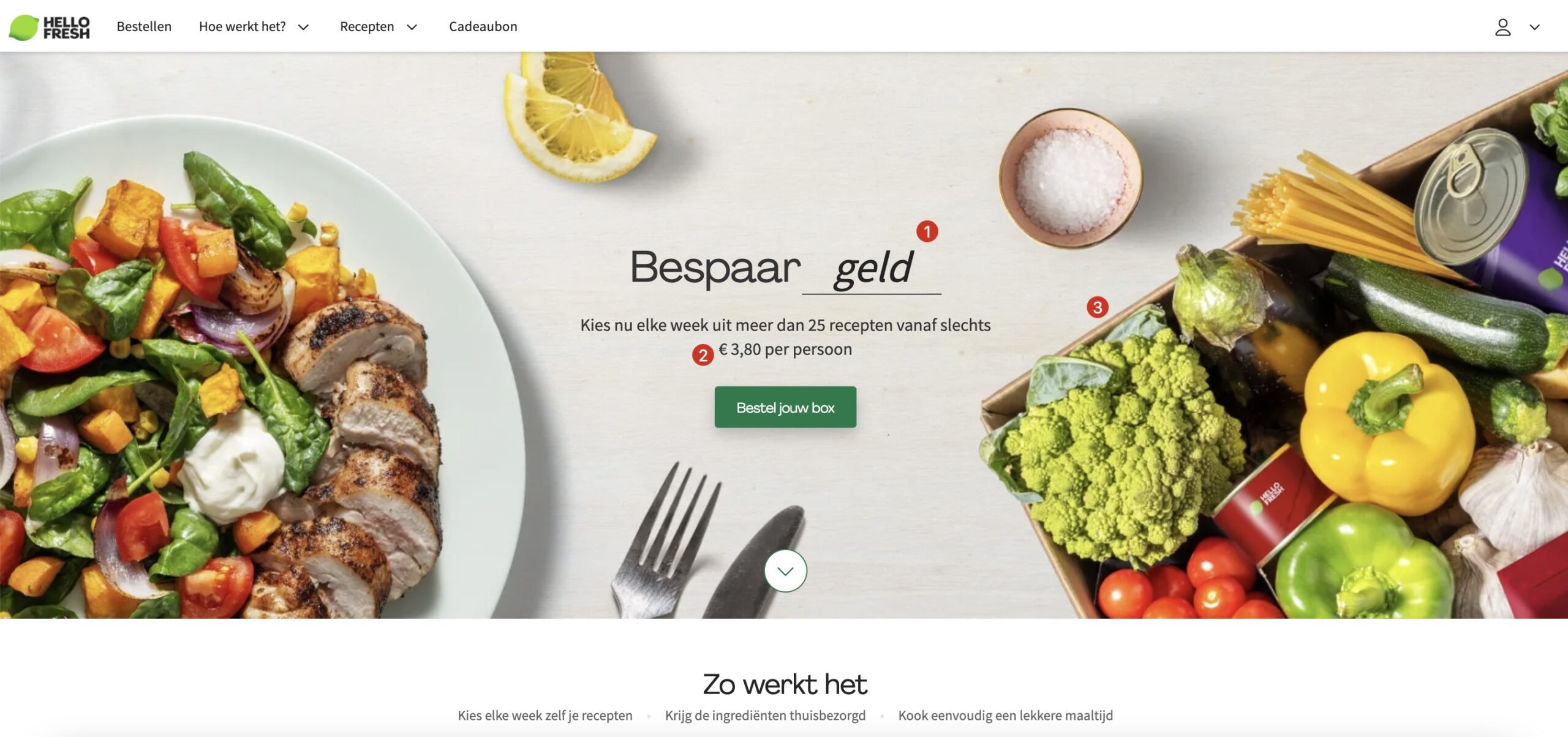 Screenshot van de website van HelloFresh.