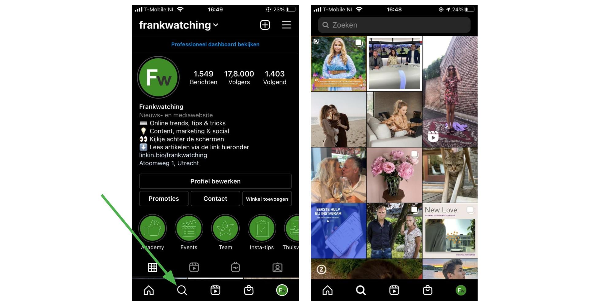 Screenshots van Instagram Explore.
