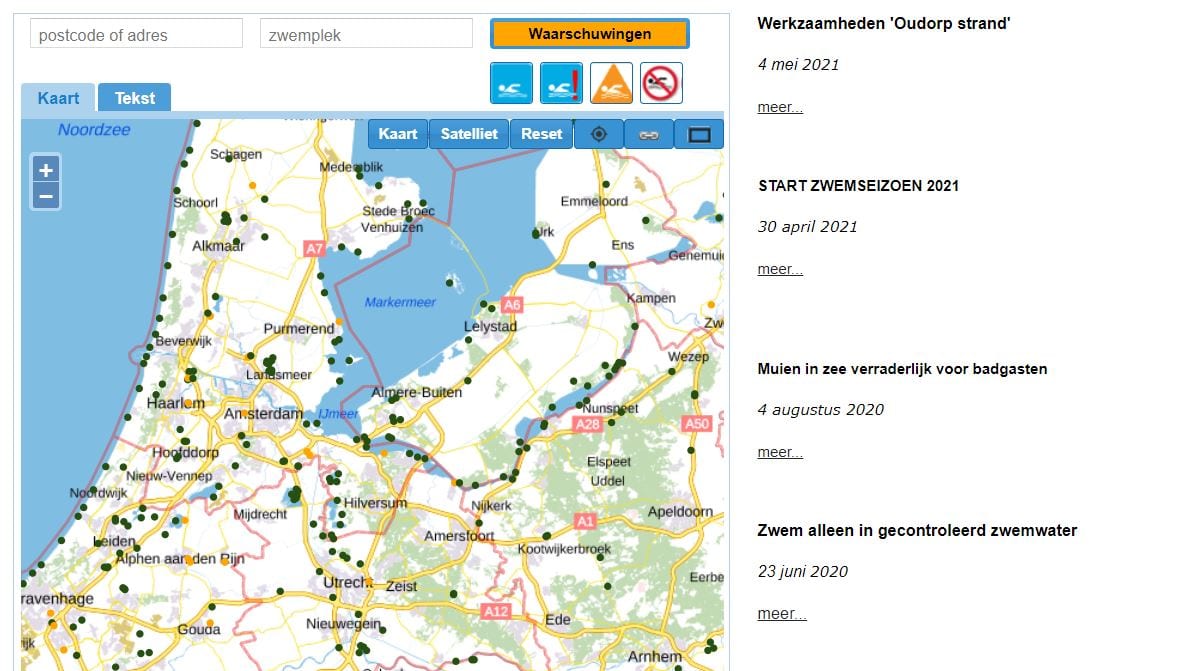 Screenshot van de website Zwemwater.