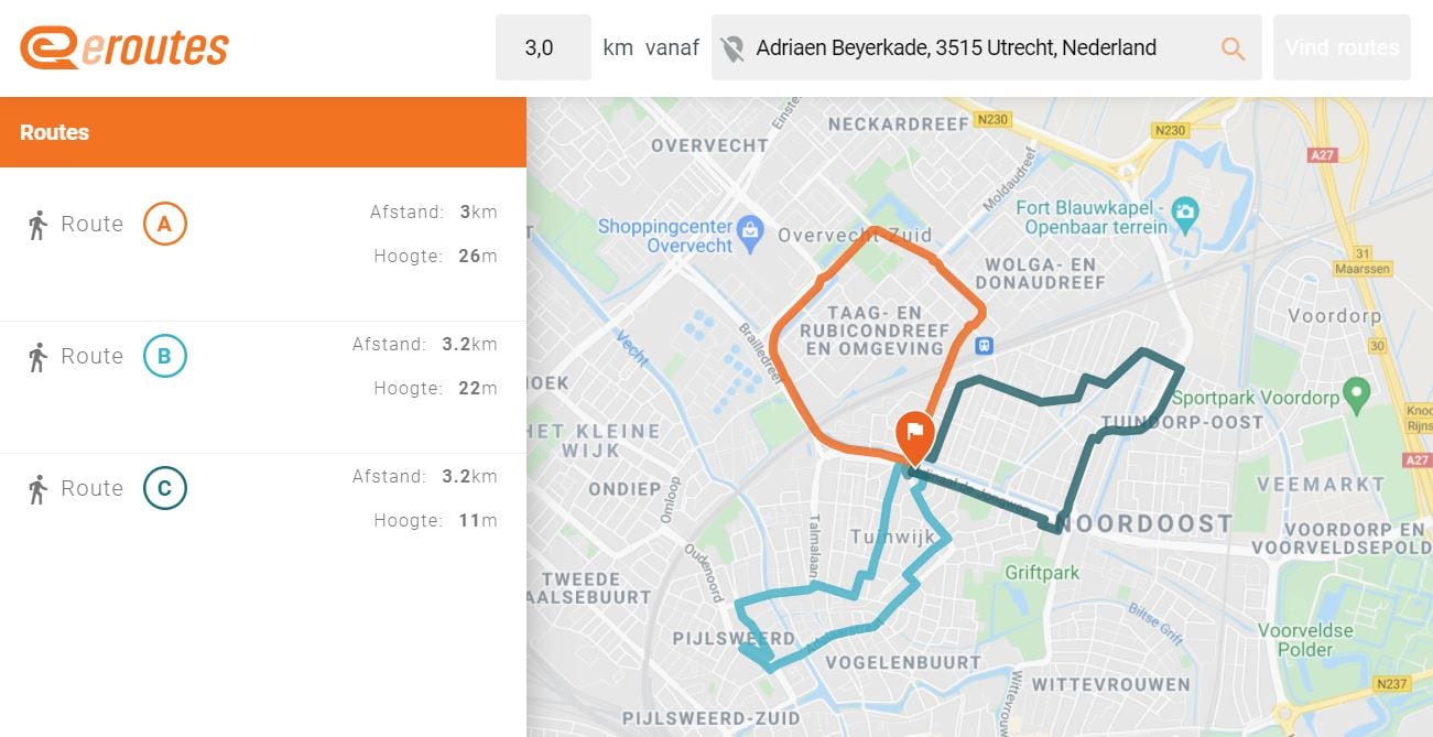 Screenshot van de app eRoutes.