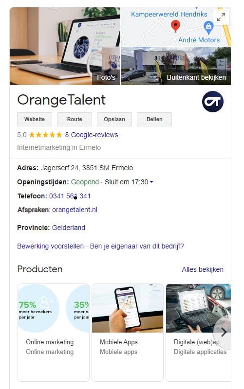 Screenshot van Local Pack results in Google.