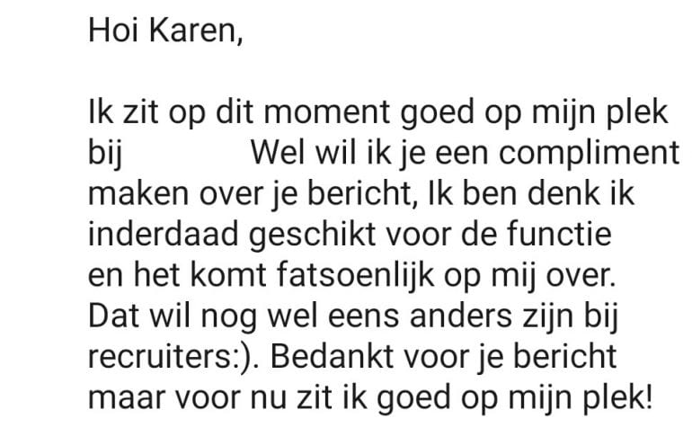 Reactie op een LinkedIn-benadering met een compliment. Strekking: het bericht komt fatsoenlijk over.