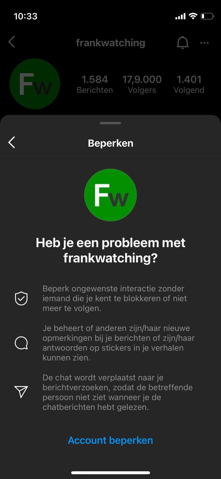 Opties bij het volgen van een account.