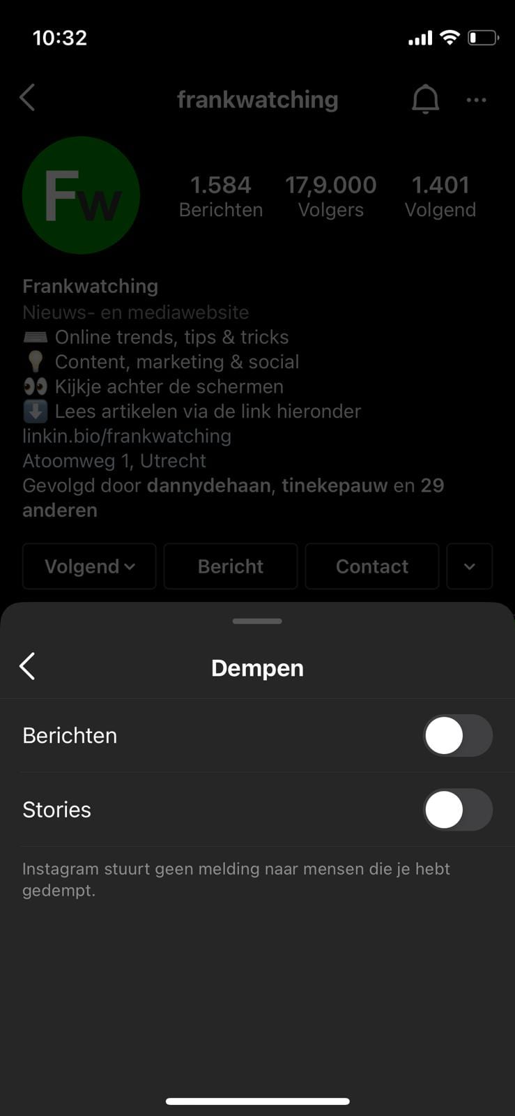 Opties bij het volgen van een account.