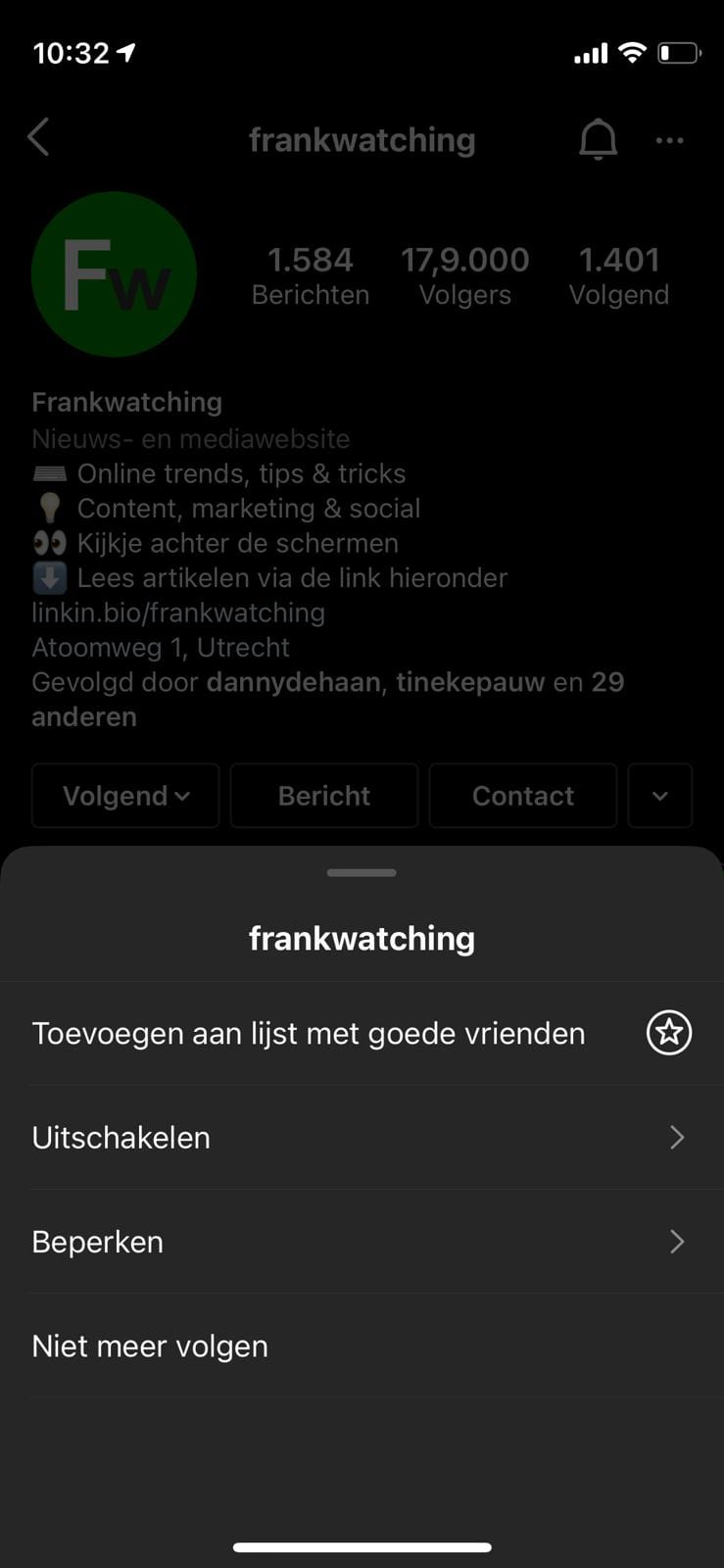 Opties bij het volgen van een account.