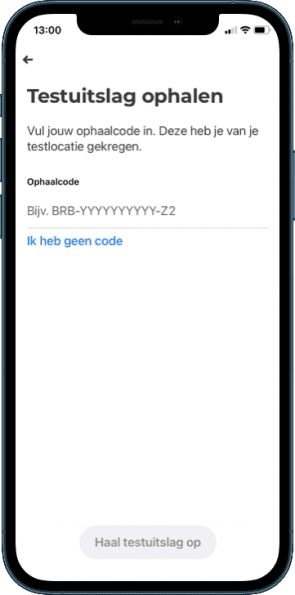 Plek in de app waar de ophaalcode terugkomt.
