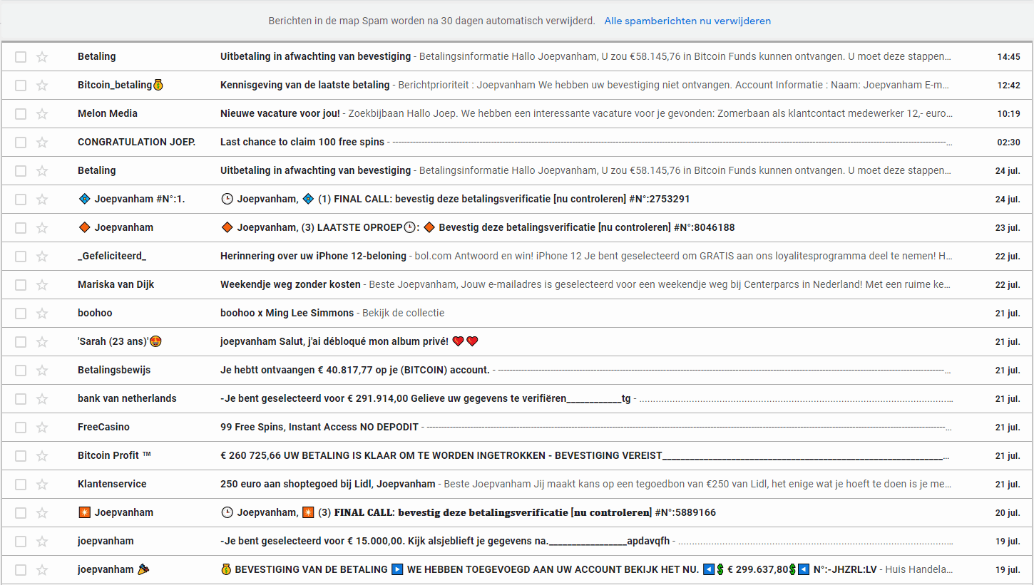 lijst met spam mailtjes 