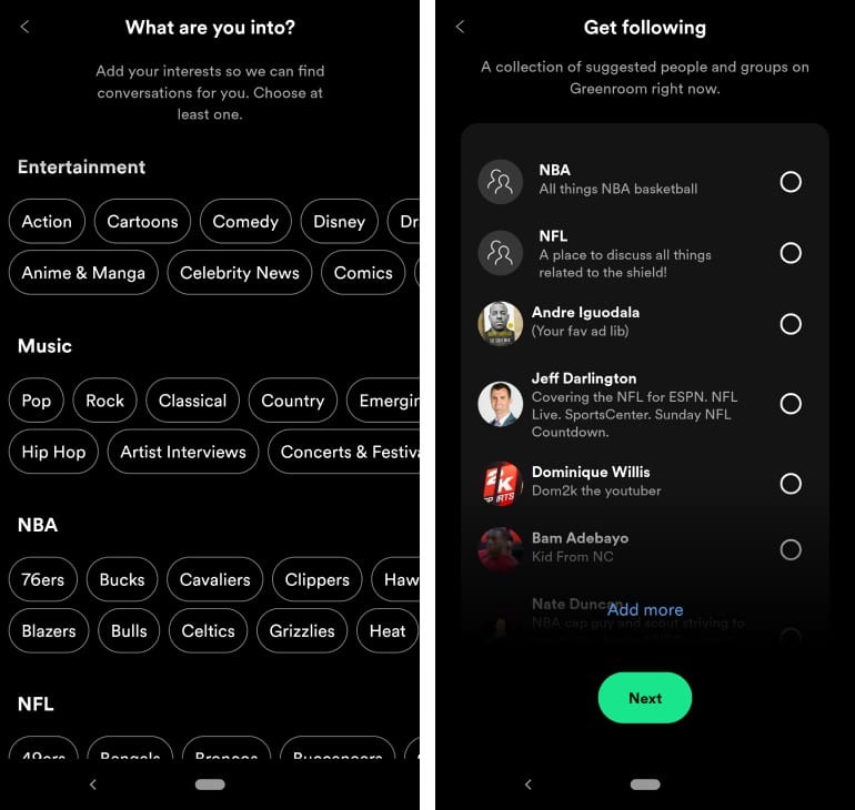 Spotify Greenroom groepen en mensen volgen.