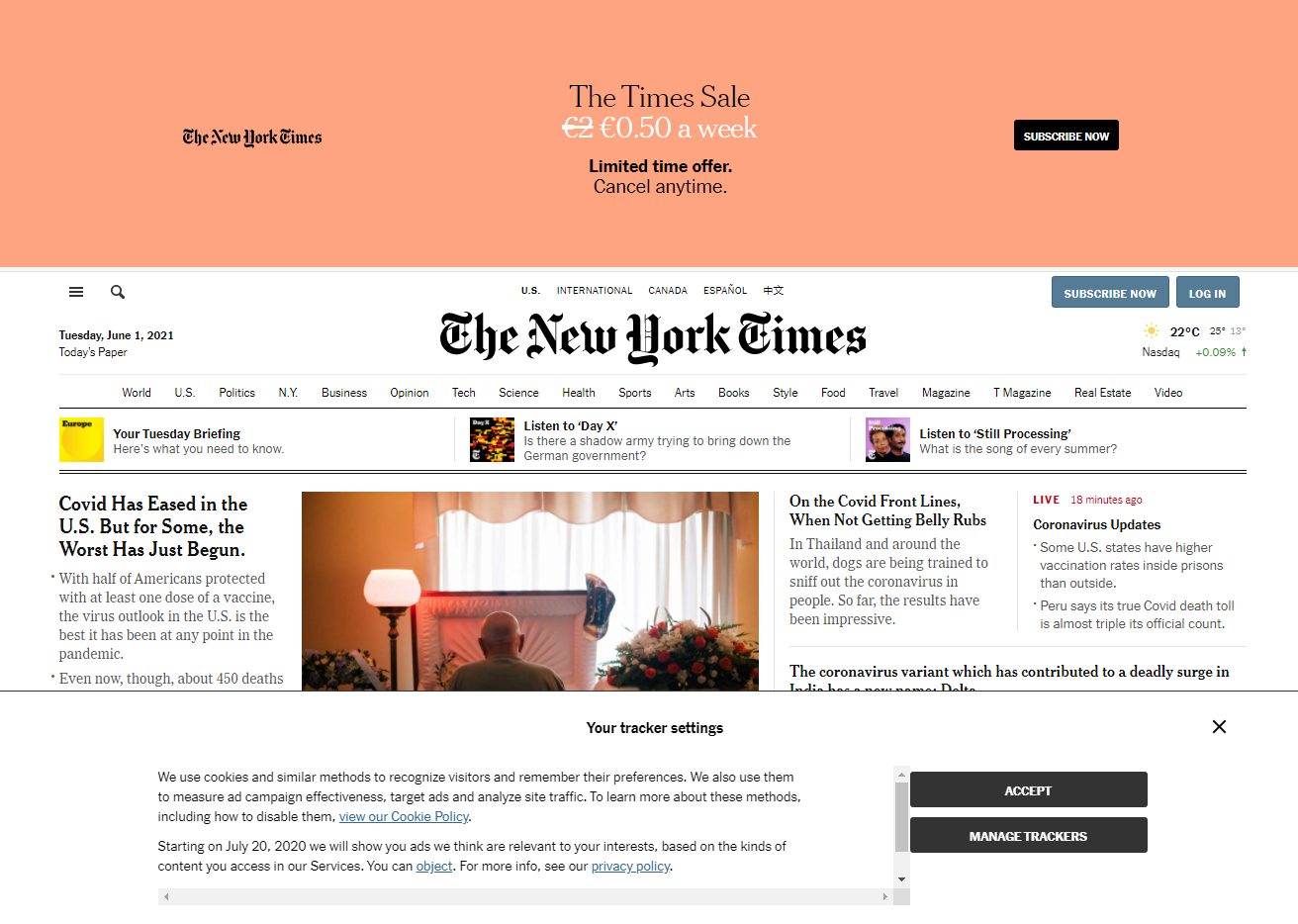Screenshot The New York Times met cookiebanner.