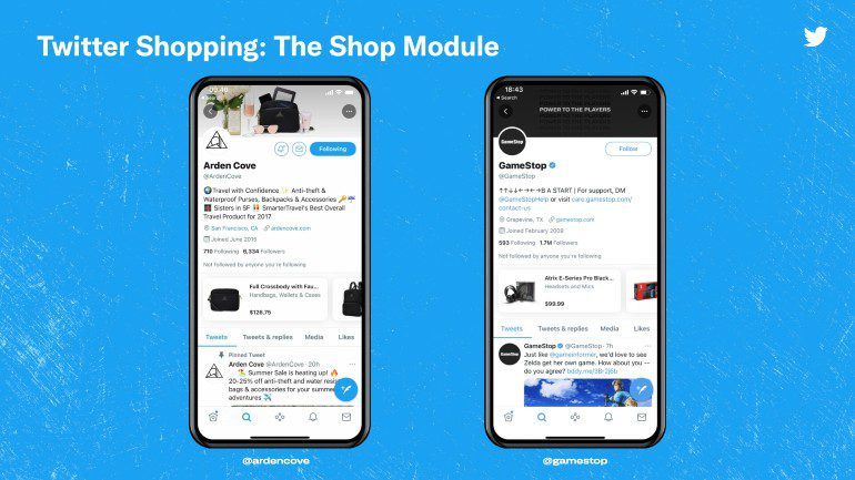 Twitter Shopping module voorbeeld.