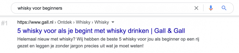 Google SERP zoekresultaat voor de zoekopdracht "whisky voor beginners”.