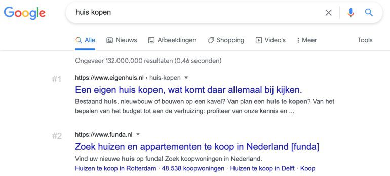 Google SERP voor de zoekopdracht "huis kopen”.