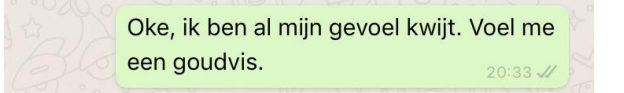 Screenshot van een WhatsApp-tekst over dat ze zich een goudvis voelt. 
