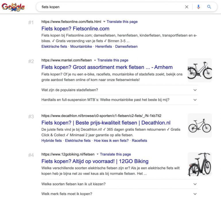 Google SERP voor de zoekopdracht "fiets kopen”.