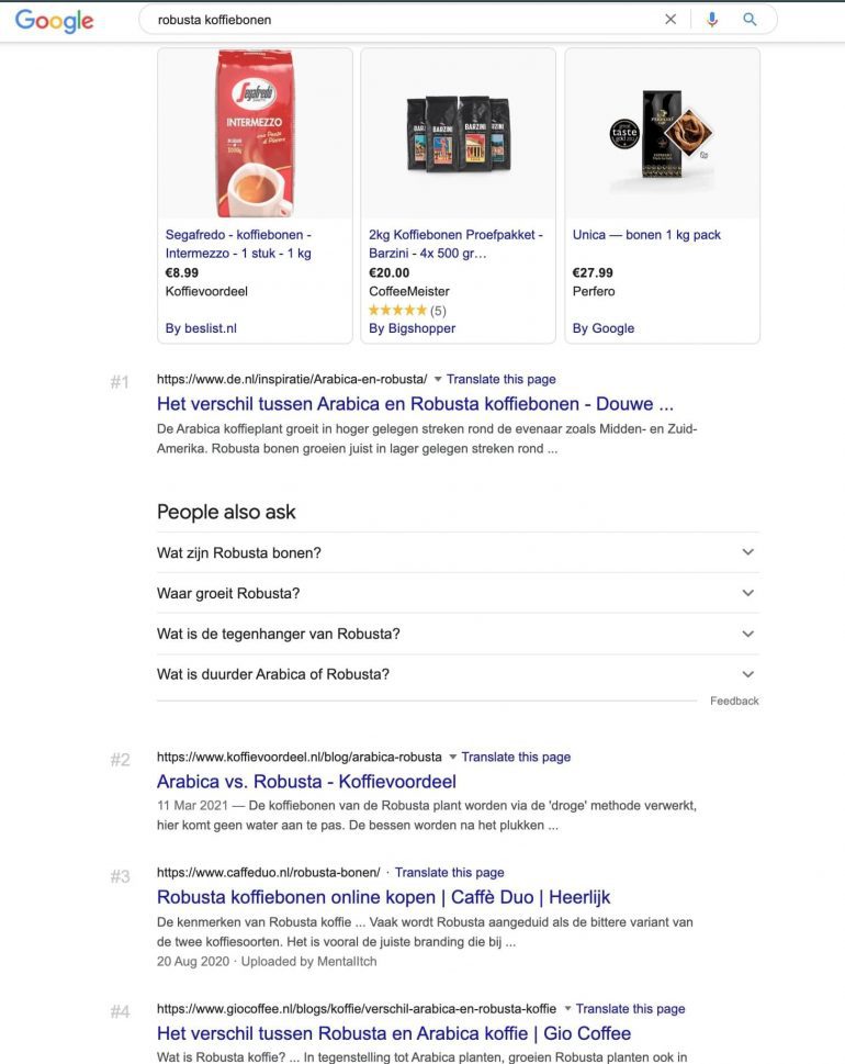 Google SERP voor de zoekopdracht "robusta koffiebonen”.